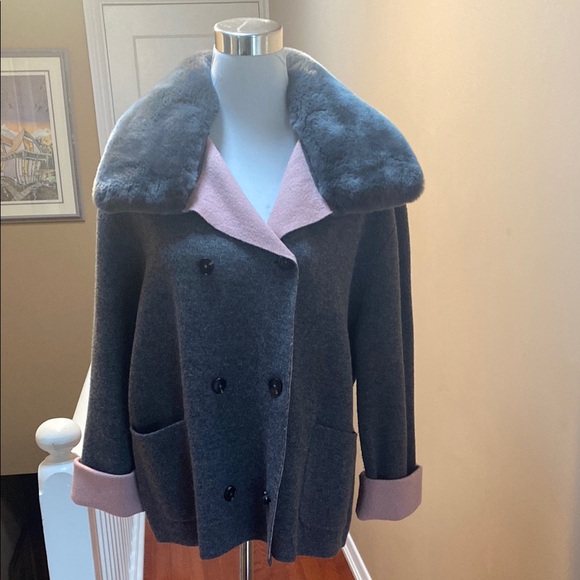 Max&Moi Jackets & Blazers - Chic Gray and Pink Fur Collar Coat